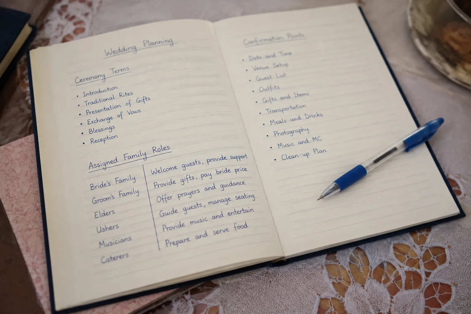 Close view of a Ghanaian wedding planning record with ceremony terms, roles, and confirmation points
