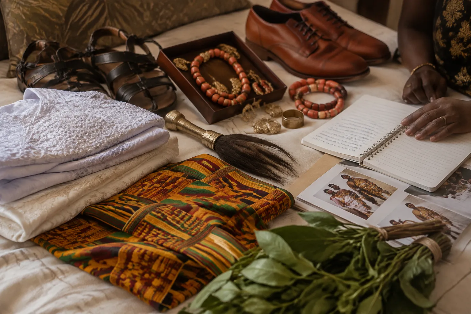 Organized ceremony materials and family planning notes for a multicultural Ghanaian wedding