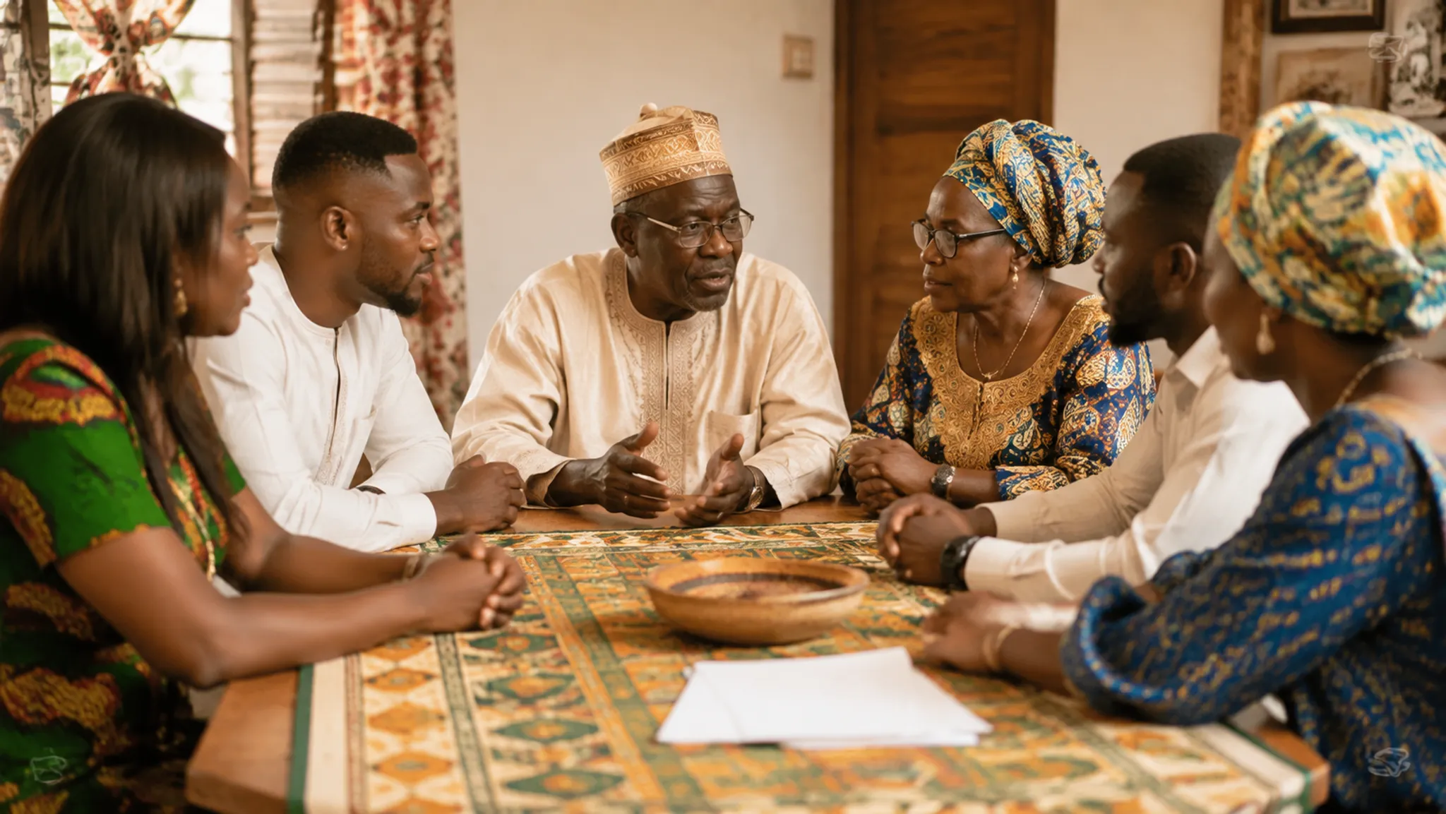 Family representatives discussing Ghanaian wedding ceremony expectations around a planning table