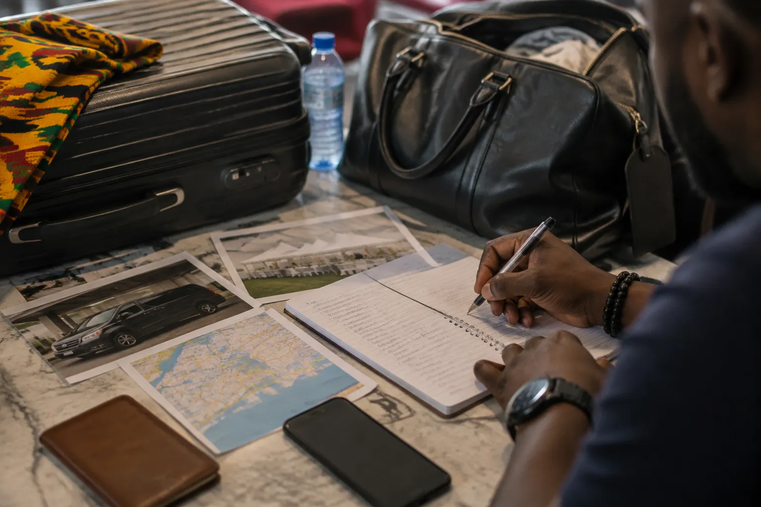 Airport transfer planning materials beside a Ghana wedding schedule