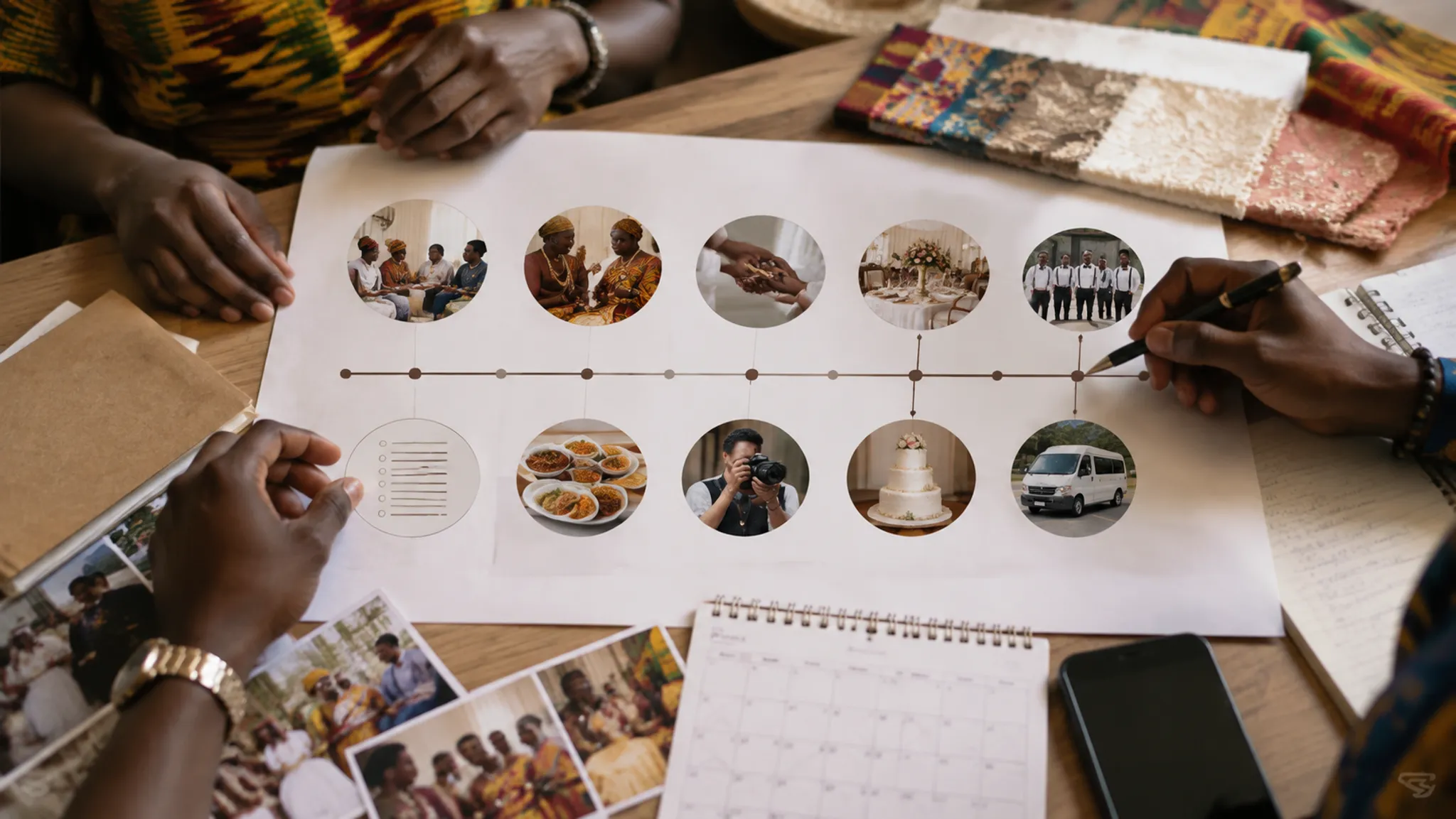 Ghanaian wedding planning timeline connecting family meetings, ceremonies, vendors, and guests
