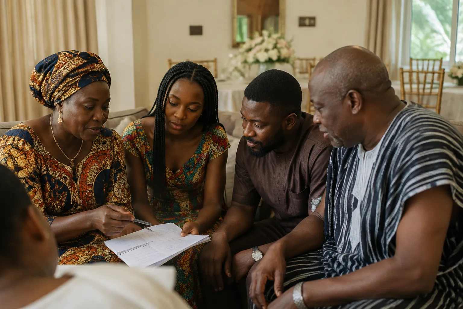 Family and guest coordination notes for a rehearsal before a Ghana wedding