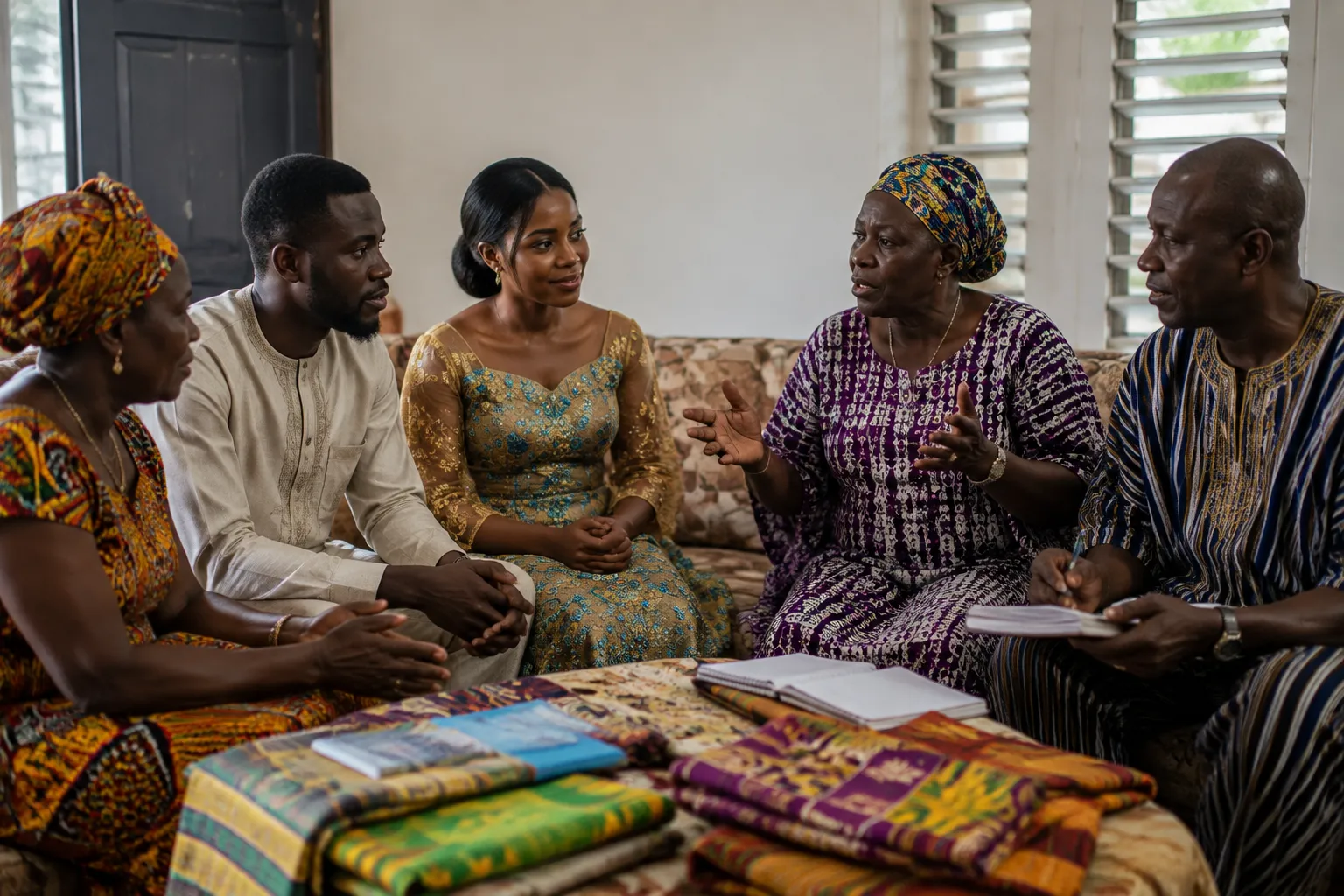 Couple and relatives reviewing the meaning of a traditional engagement event