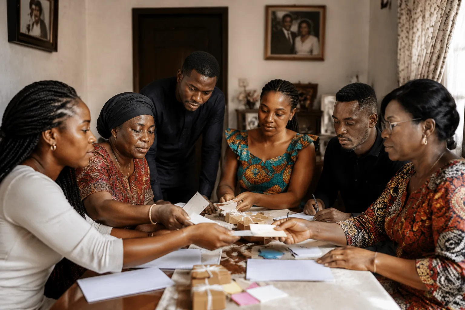 Family members coordinating a wedding run of show with arrival times, speaking roles, and item handoffs