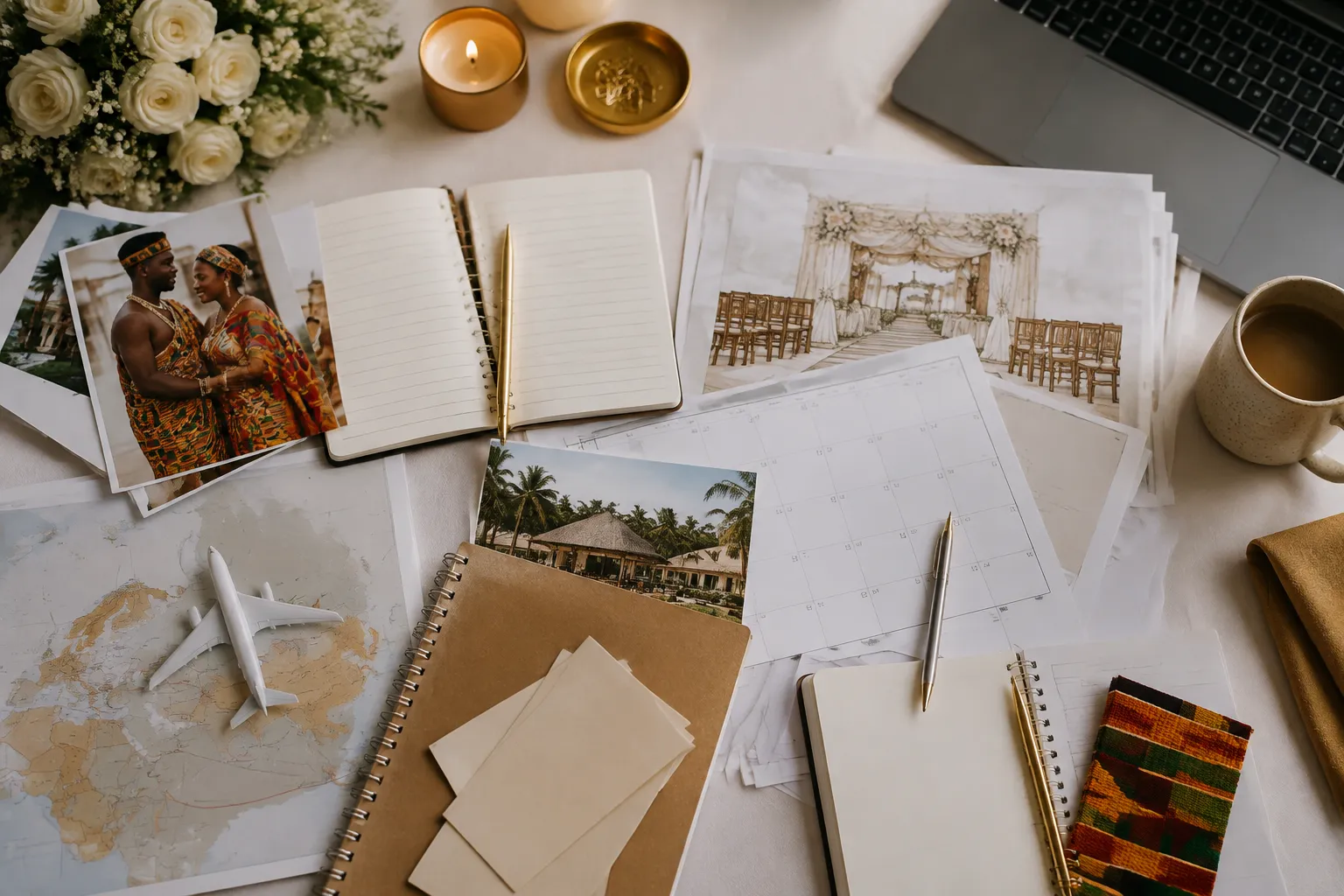 Wedding planning table with guest travel details and ceremony notes
