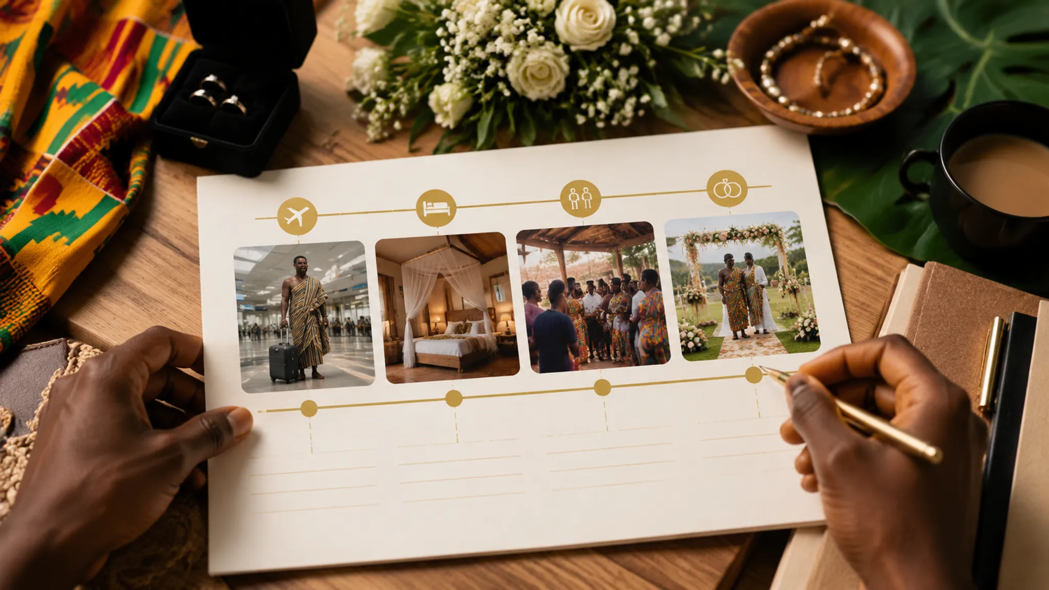 Wedding planning timeline connecting guest arrival, accommodation, rehearsal, and ceremony commitments