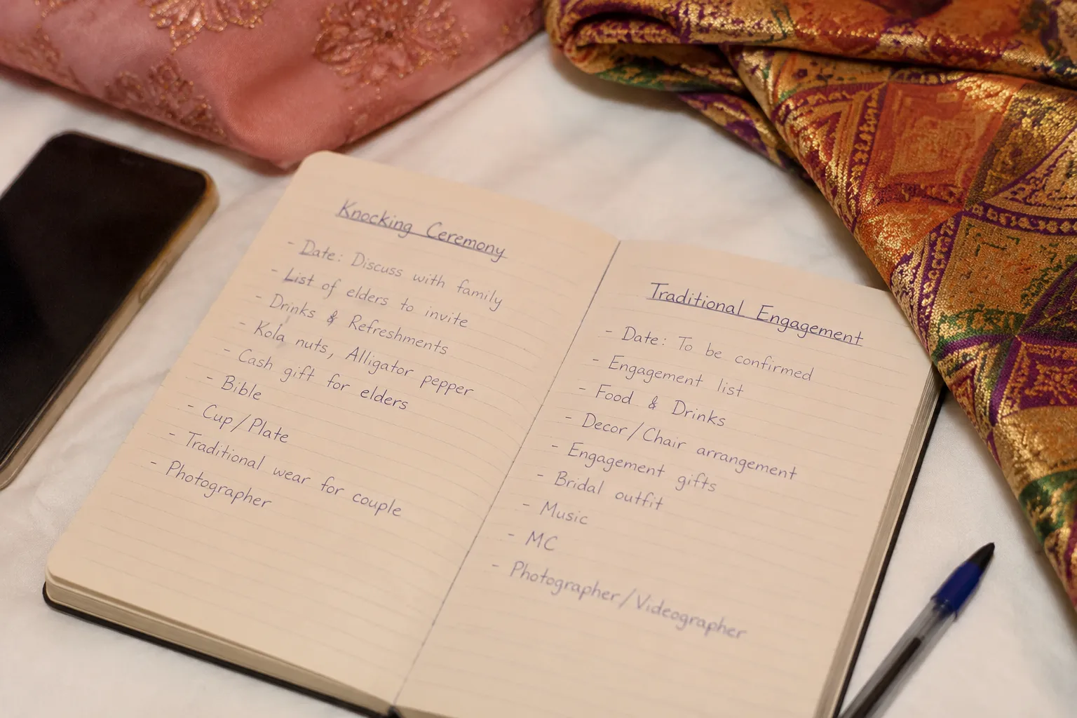 Planning notes separating a knocking ceremony from a traditional engagement