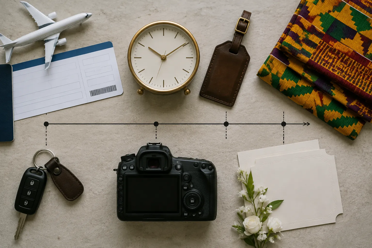 Travel arrival timeline with airport transport attire preparation and wedding ceremony milestones