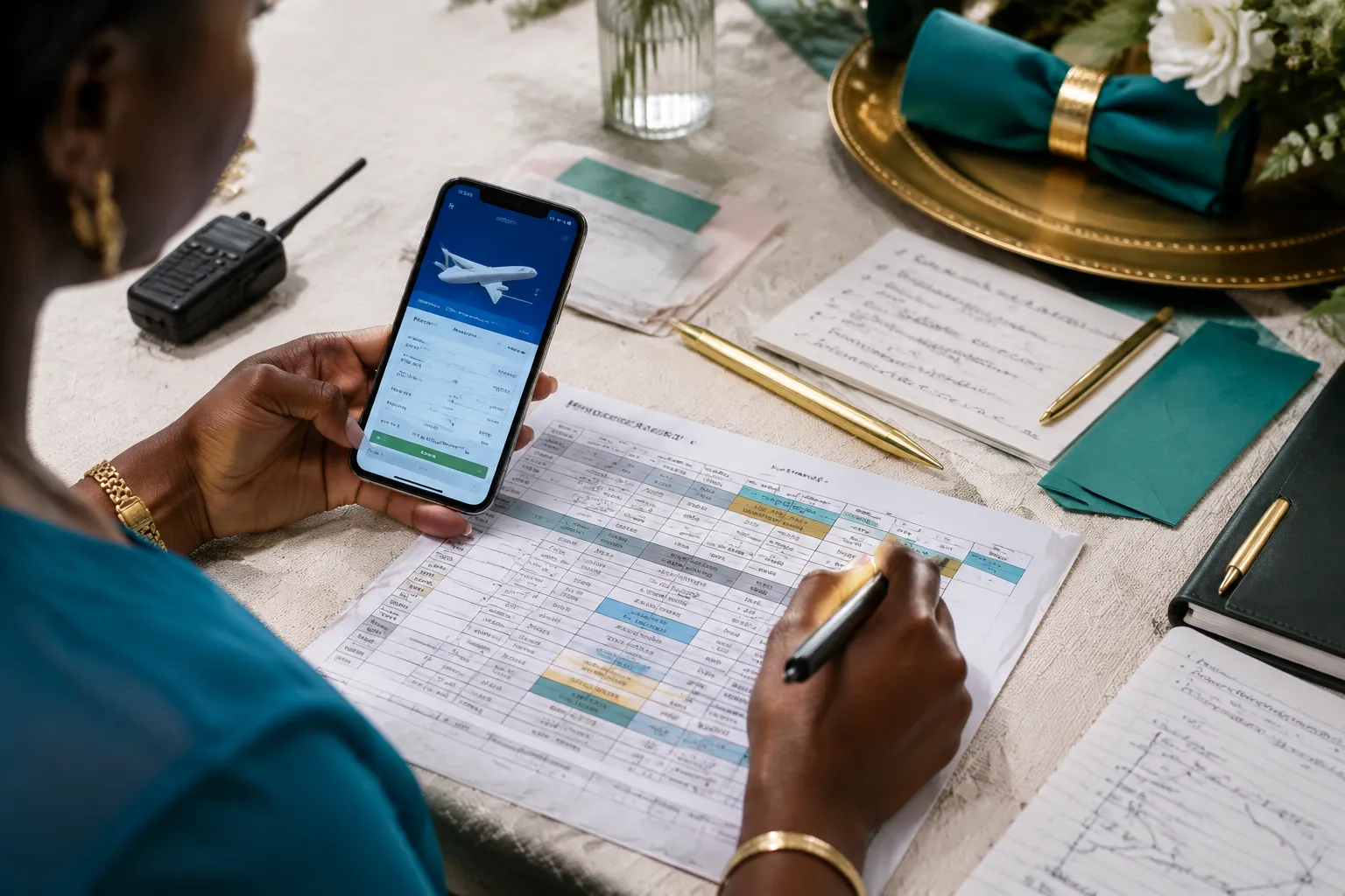 Wedding coordinator checking a flight update beside a printed Ghana wedding run sheet