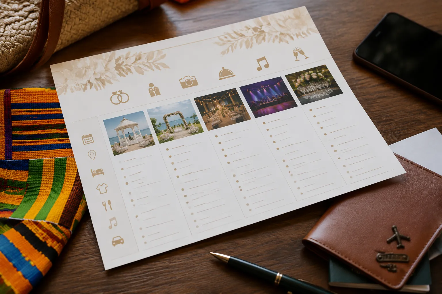 Printed wedding itinerary showing events, locations, and confirmation fields