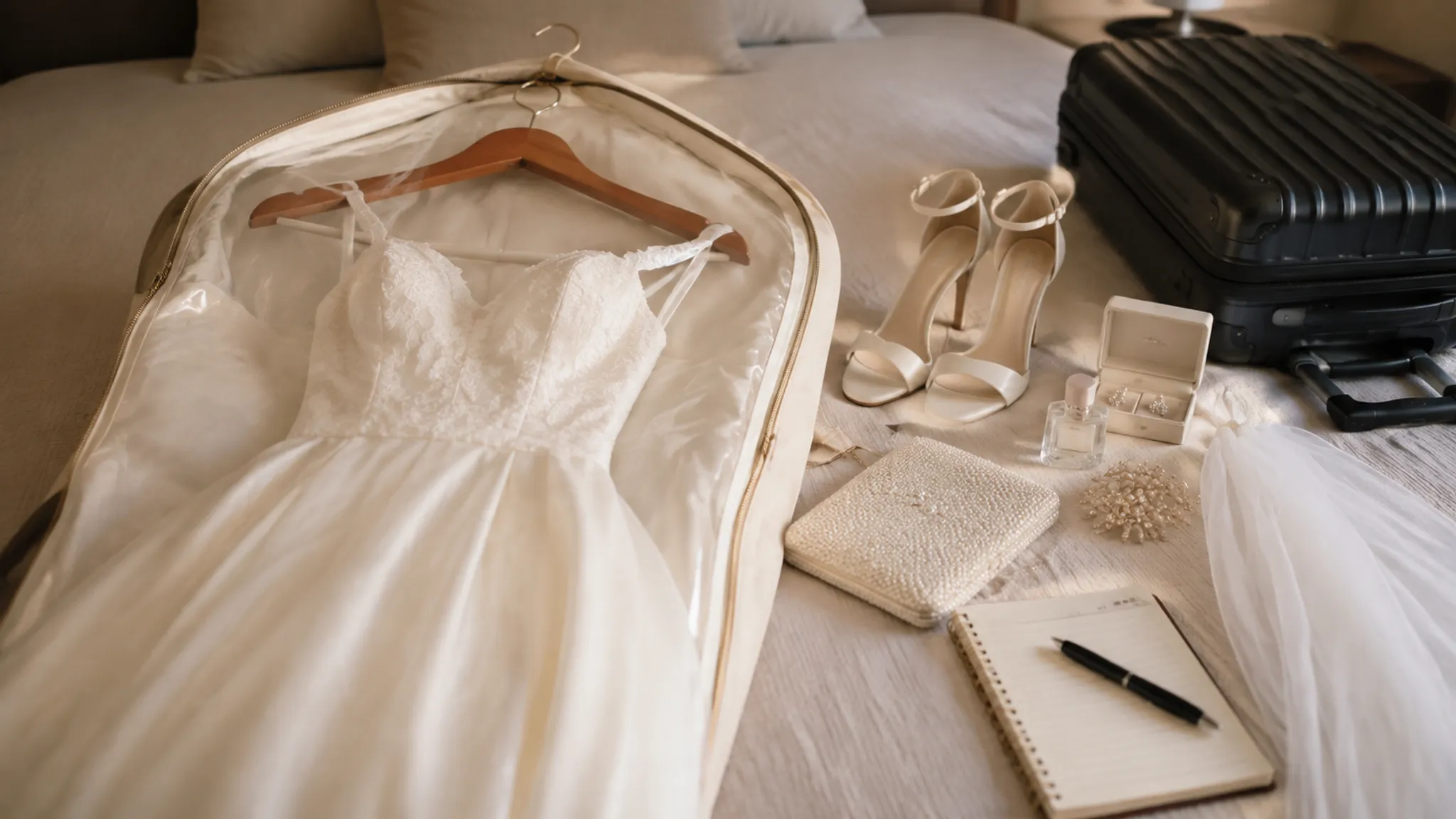 Wedding dress and accessories organized for a Ghana ceremony handoff