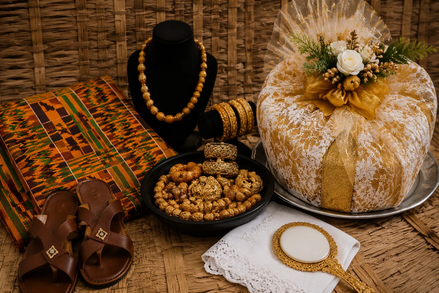 Local wedding accessories and presentation items arranged for sourcing in Ghana