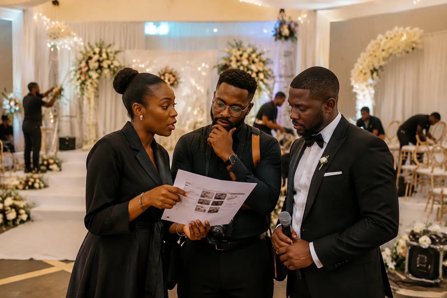 Ghana wedding planner briefing a photographer and master of ceremonies beside a milestone schedule