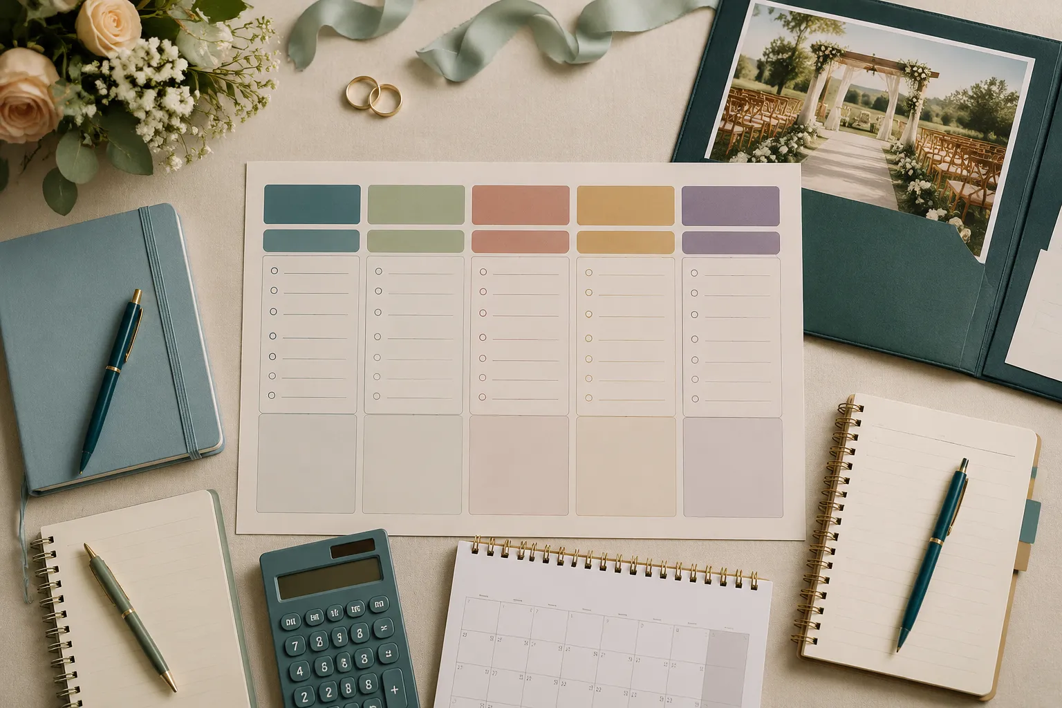 Overhead view of a wedding planning worksheet organized by proposer, consulted people, approver, communicator, and confirmer